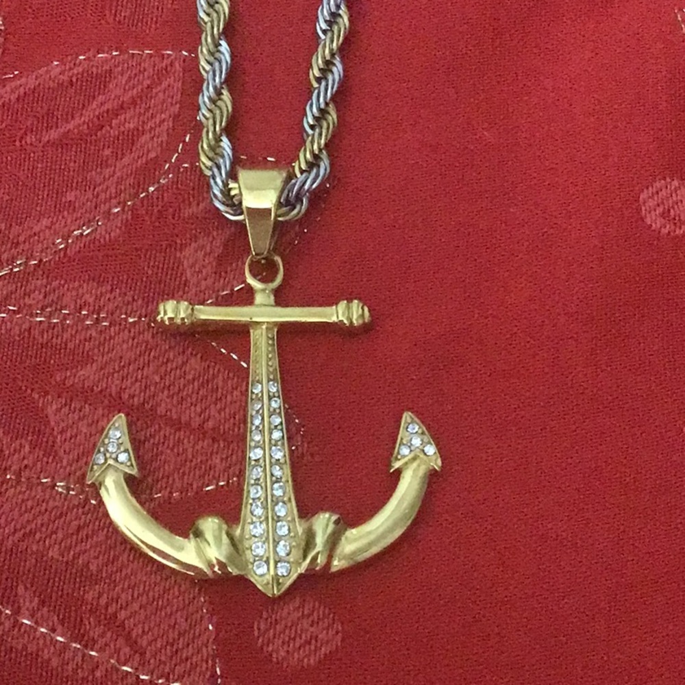 Large Anchor Gold Stainless Steel w/ Rhinestones & Silver & Gold Stainless Chain